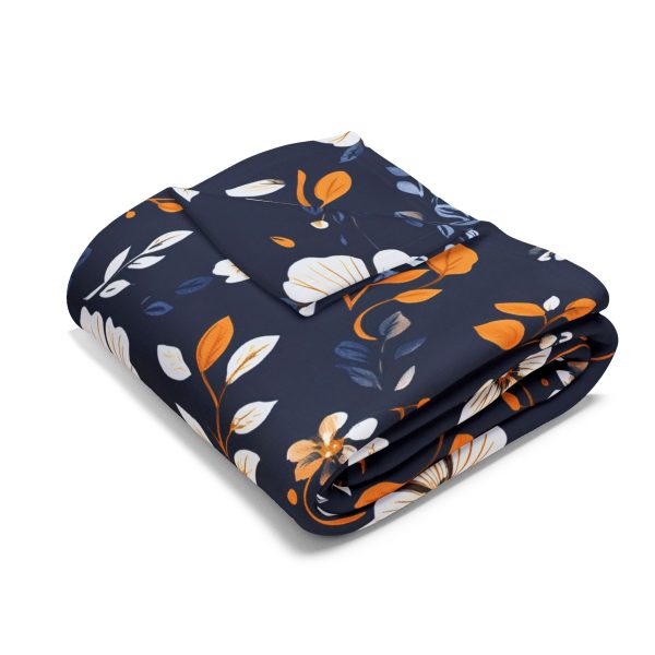 11769023924000381901_2048-1.jpeg Navy Blue and Brown Floral Fleece Blanket - Traditional Indian Block Print Design with Hand-Stamped Look