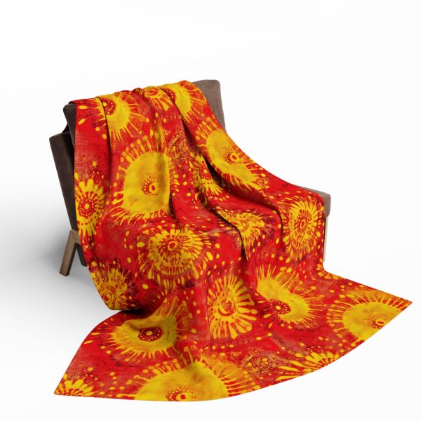 Vibrant Red and Yellow Bandhani Tie Dye Fleece Blanket with Traditional Indian Paisley Design