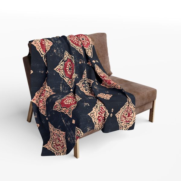 12032657107947235394_2048-1.jpeg Indigo and Crimson Ajrakh Textile Pattern Fleece Blanket - Traditional Indian Block Print Style with Geometric Motifs