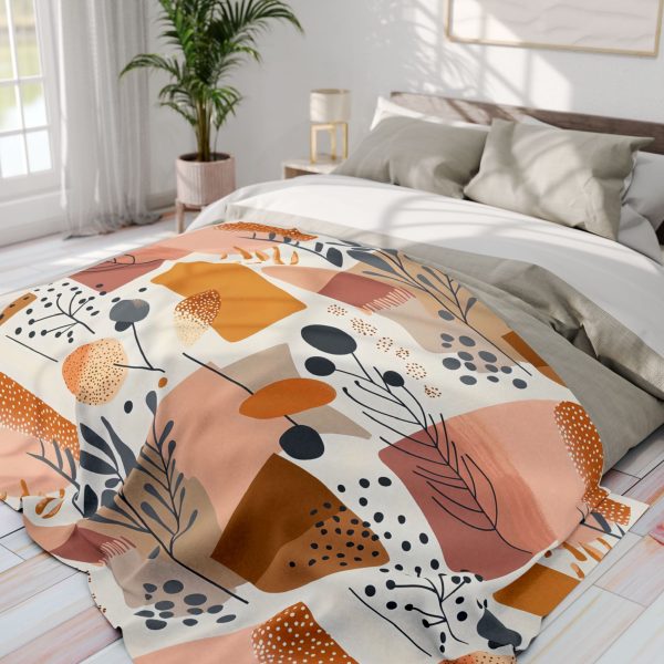 Boho Abstract Fleece Blanket with Geometric and Floral Motifs in Muted Pastel and Earth Tones