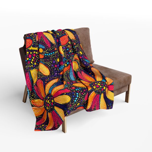 Bhil Tribal Art Fleece Blanket - Vibrant Large Flower Shapes with Colorful Dot Work - Traditional Tribal Pattern