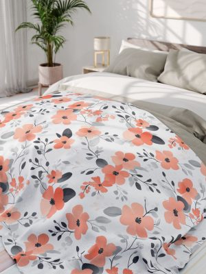 Muted Monochromatic Fleece Blanket with Expressive Brush Painting of Gulmohar Tree Flowers on White Background