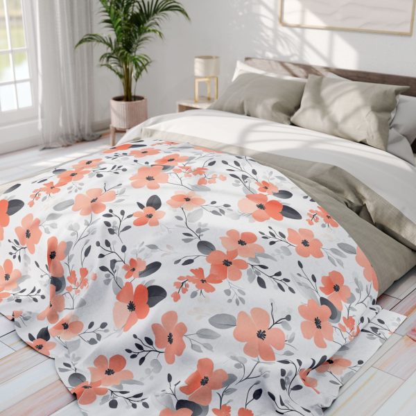 Muted Monochromatic Fleece Blanket with Expressive Brush Painting of Gulmohar Tree Flowers on White Background