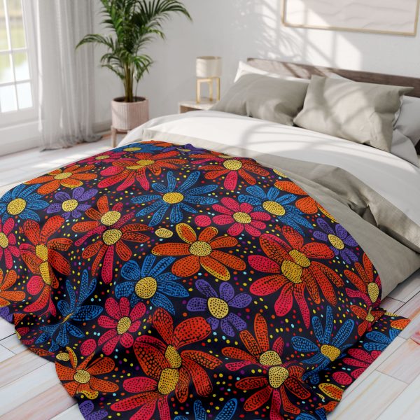 Bhil Tribal Art Fleece Blanket - Vibrant Large Flower Shapes with Colorful Dot Work - Traditional Pattern