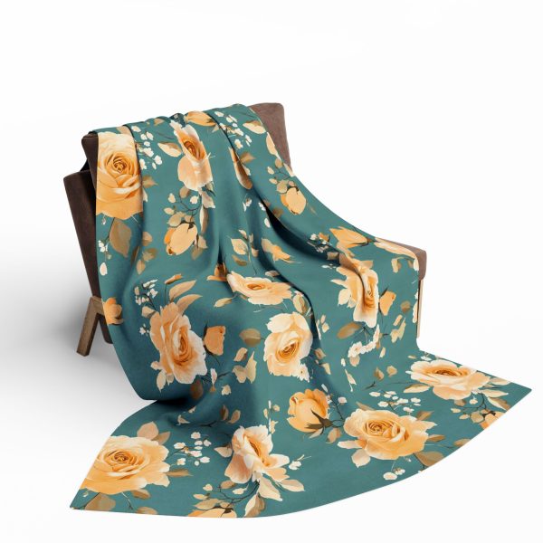 Elegant Vintage Rose Fleece Blanket in Peach and Mustard Tones on Teal Background