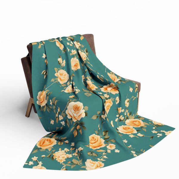 Elegant Vintage Roses Fleece Blanket in Soft Peach and Mustard Tones on Teal Background