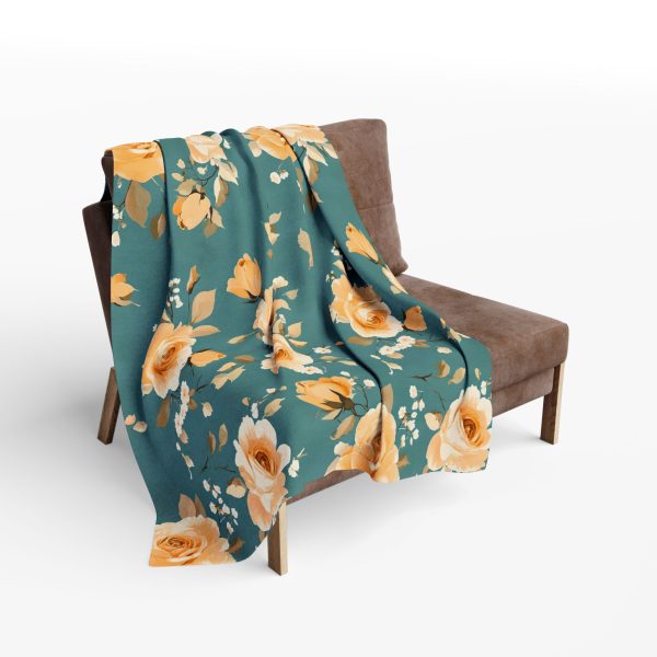 Elegant Vintage Rose Fleece Blanket in Peach and Mustard Tones on Teal Background