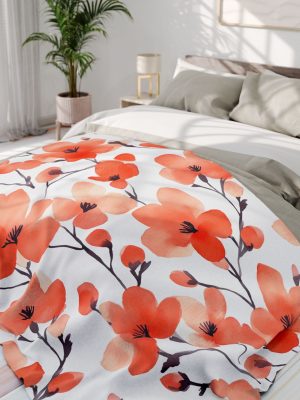 15091924021832301712_2048-1.jpeg Gulmohar Tree Flowers Fleece Blanket - Minimalist Watercolor Design on White Background