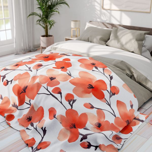 Gulmohar Tree Flowers Fleece Blanket - Minimalist Watercolor Design on White Background