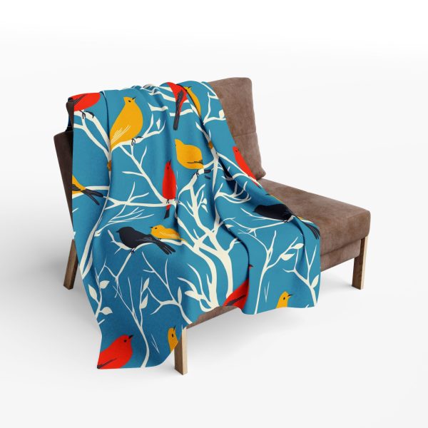 Vintage Bird Illustration Fleece Blanket - Mid-Century Modern Style, Blue Background with Tree Branches and Bird Silhouettes
