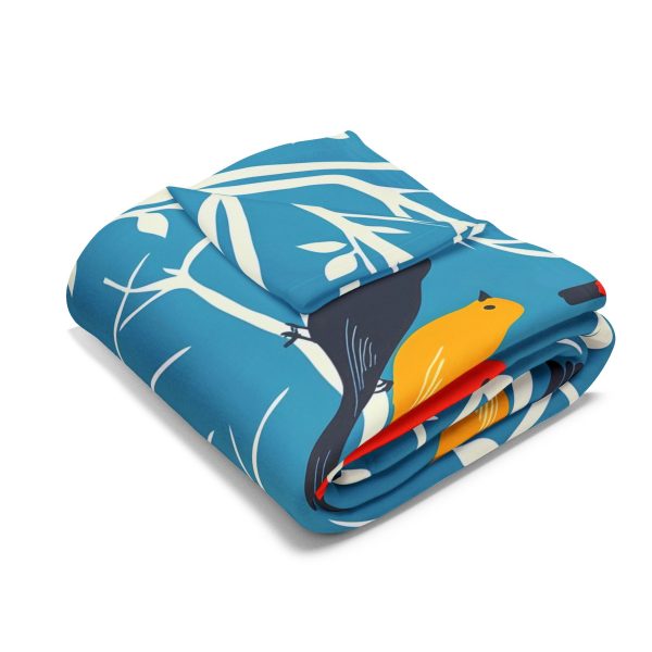 Vintage Bird Illustration Fleece Blanket - Mid-Century Modern Style, Blue Background with Tree Branches and Bird Silhouettes