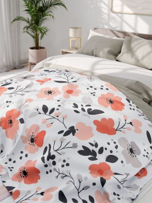 Cute Pastel Pink, Pale Peach, and Gray Floral Pattern Fleece Blanket - Cozy Home Decor Essential