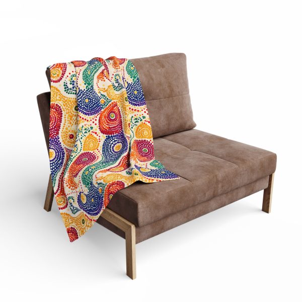 Rajasthani Inspired Fleece Blanket - Bandhani Dot Art Pattern in Vibrant Colors with Peacocks, Paisleys, and Floral Motifs