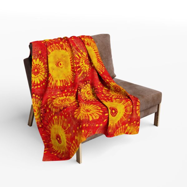 Vibrant Red and Yellow Bandhani Tie Dye Fleece Blanket with Traditional Indian Paisley Design