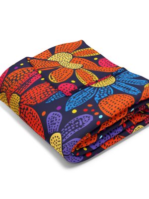 Bhil Tribal Art Fleece Blanket - Vibrant Large Flower Shapes with Colorful Dot Work - Traditional Pattern