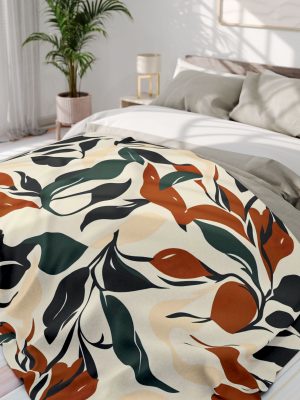 Digital Blue Floral Fleece Blanket - Elegant Black, White, Brown, and Green Tones - Organic Shapes and Soft Hues for Cozy Comfort