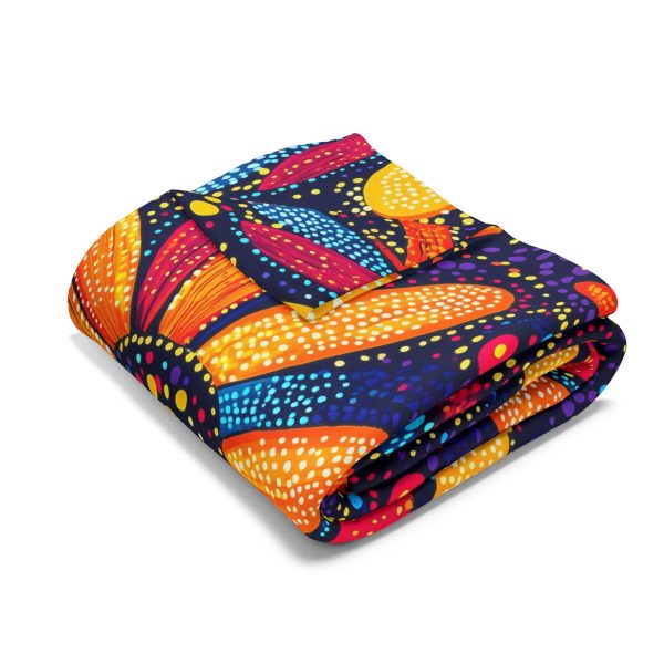 Bhil Tribal Art Fleece Blanket - Vibrant Large Flower Shapes with Colorful Dot Work - Traditional Tribal Pattern