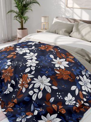 Navy Blue and Brown Floral Fleece Blanket - Traditional Indian Block Print Style for Home Decor - Textile Texture Effect