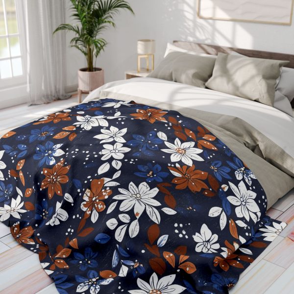 Navy Blue and Brown Floral Fleece Blanket - Traditional Indian Block Print Style for Home Decor - Textile Texture Effect