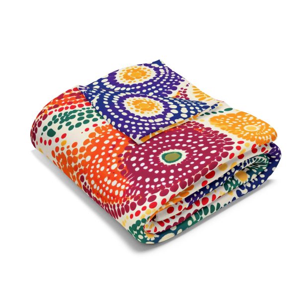 Rajasthani Inspired Fleece Blanket - Bandhani Dot Art Pattern in Vibrant Colors with Peacocks, Paisleys, and Floral Motifs