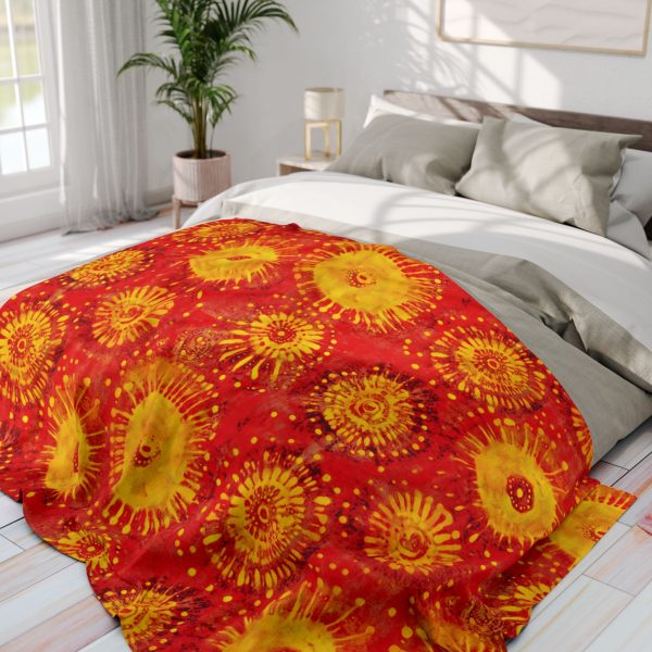 Vibrant Red and Yellow Bandhani Tie Dye Fleece Blanket with Traditional Indian Paisley Design