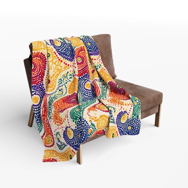 Rajasthani Inspired Fleece Blanket - Bandhani Dot Art Pattern in Vibrant Colors with Peacocks, Paisleys, and Floral Motifs