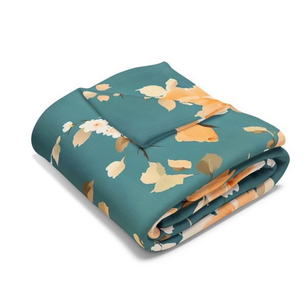 Elegant Vintage Rose Fleece Blanket in Peach and Mustard Tones on Teal Background
