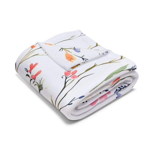 Meadow Flowers Watercolor Fleece Blanket - Pastel Colors with Cute Floral Pattern, White Floral Print, Soft and Cozy