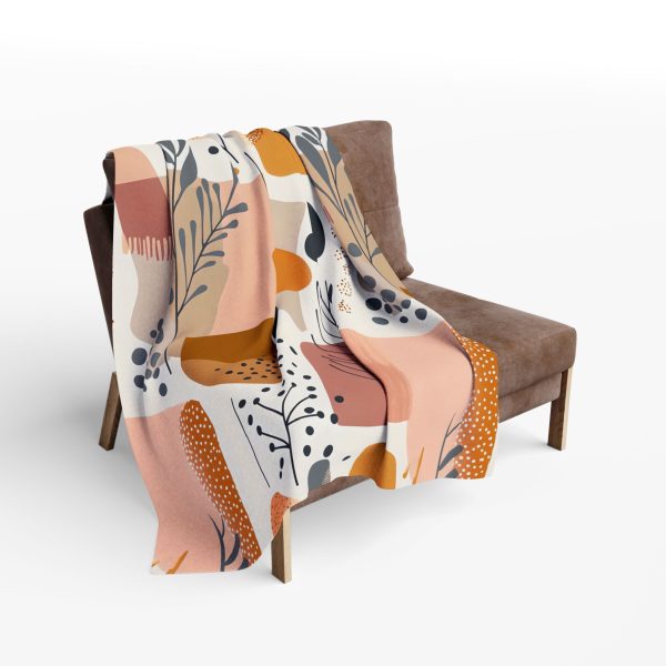 Boho Abstract Fleece Blanket with Geometric and Floral Motifs in Muted Pastel and Earth Tones