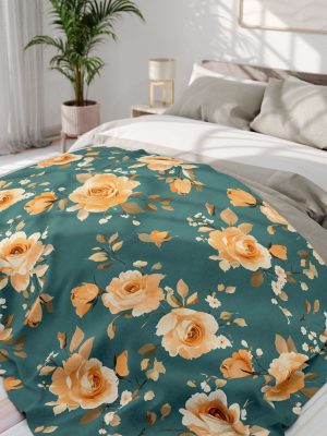 Elegant Vintage Rose Fleece Blanket in Peach and Mustard Tones on Teal Background