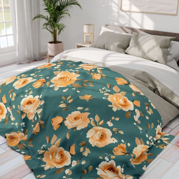 Elegant Vintage Rose Fleece Blanket in Peach and Mustard Tones on Teal Background