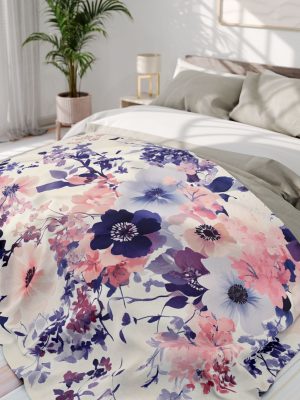 Dreamy Floral Fleece Blanket - Soft Pastel Bouquet Pattern by Tadashi Yamamoto | Purple, Pink, White, Navy Blue | Cozy Home Decor