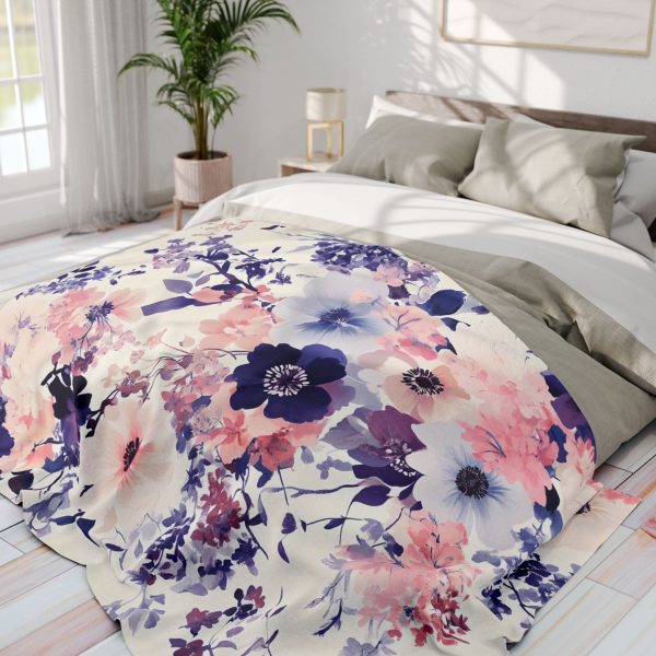 5812849030815318641_2048-1.jpeg Dreamy Floral Fleece Blanket - Soft Pastel Bouquet Pattern by Tadashi Yamamoto | Purple, Pink, White, Navy Blue | Cozy Home Decor
