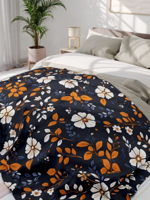 6615077971400541465_2048-1.jpeg Navy Blue and Brown Floral Fleece Blanket - Traditional Indian Block Print Design with Hand-Stamped Look