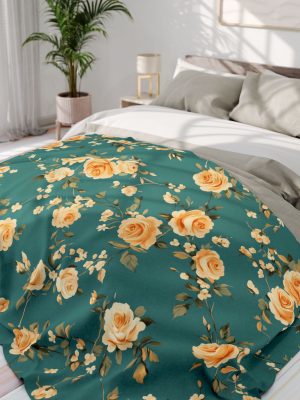 Elegant Vintage Roses Fleece Blanket in Soft Peach and Mustard Tones on Teal Background