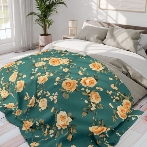 Elegant Vintage Roses Fleece Blanket in Soft Peach and Mustard Tones on Teal Background