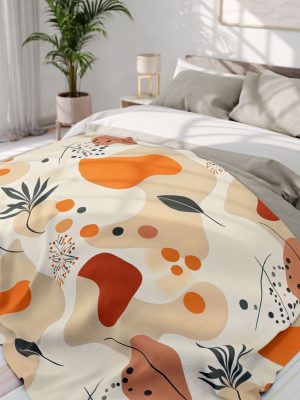 Boho Abstract Fleece Blanket with Geometric and Floral Motifs in Muted Pastel and Earth Tones - Cozy and Stylish Home Decor