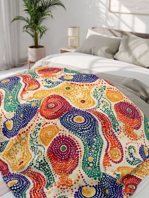 Rajasthani Inspired Fleece Blanket - Bandhani Dot Art Pattern in Vibrant Colors with Peacocks, Paisleys, and Floral Motifs