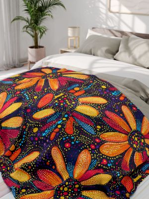 Bhil Tribal Art Fleece Blanket - Vibrant Large Flower Shapes with Colorful Dot Work - Traditional Tribal Pattern