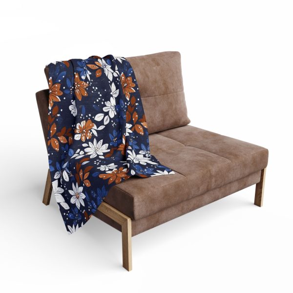Navy Blue and Brown Floral Fleece Blanket - Traditional Indian Block Print Style for Home Decor - Textile Texture Effect