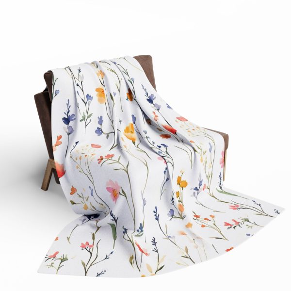 Meadow Flowers Watercolor Fleece Blanket - Pastel Colors with Cute Floral Pattern, White Floral Print, Soft and Cozy