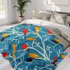Vintage Bird Illustration Fleece Blanket - Mid-Century Modern Style, Blue Background with Tree Branches and Bird Silhouettes
