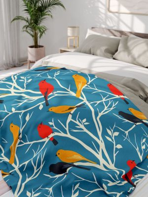 9463777034049551523_2048-1.jpeg Vintage Bird Illustration Fleece Blanket - Mid-Century Modern Style, Blue Background with Tree Branches and Bird Silhouettes