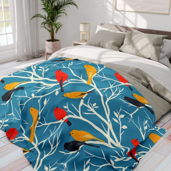 Vintage Bird Illustration Fleece Blanket - Mid-Century Modern Style, Blue Background with Tree Branches and Bird Silhouettes