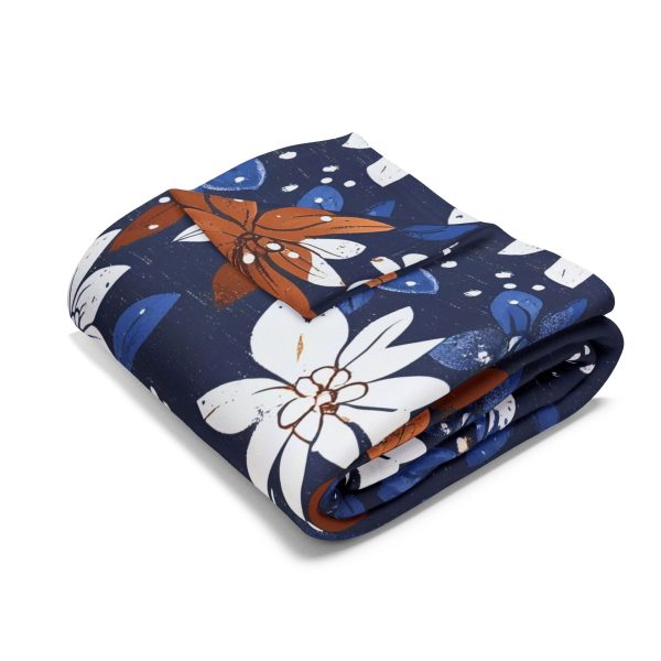 Navy Blue and Brown Floral Fleece Blanket - Traditional Indian Block Print Style for Home Decor - Textile Texture Effect
