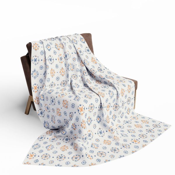 10034769751833872027_2048.jpeg Minimalist Indian Motif Fleece Blanket in Light Blue, Soft Orange, and Cream - Elegant Design Inspired by Madhubani and Warli Art