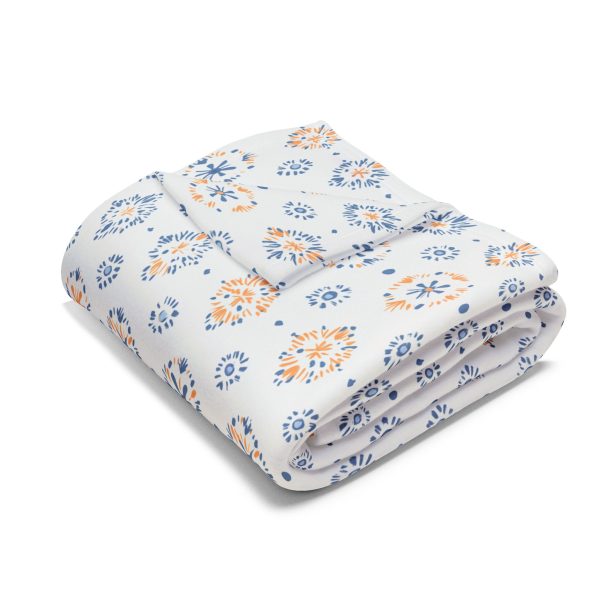 10554882190078113031_2048.jpeg Minimalist Indian Motif Fleece Blanket in Light Blue, Soft Orange, and Cream - Elegant Design Inspired by Madhubani and Warli Art