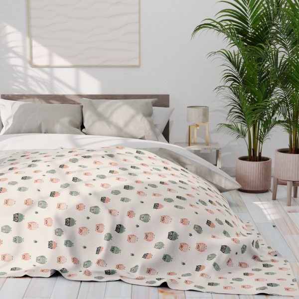 10782873829476459828_2048.jpeg Minimalist Owl Motif Fleece Blanket - Indian Folk Painting Inspired Design in Cream, Blush, and Mint Palette