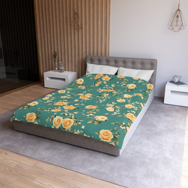 Vintage-Style Floral Microfiber Duvet Cover - Peach & Mustard Roses on Teal - Lightweight & Breathable - Invisible Zipper - Ideal for Indian-Inspired Bedroom Decor & Gifting