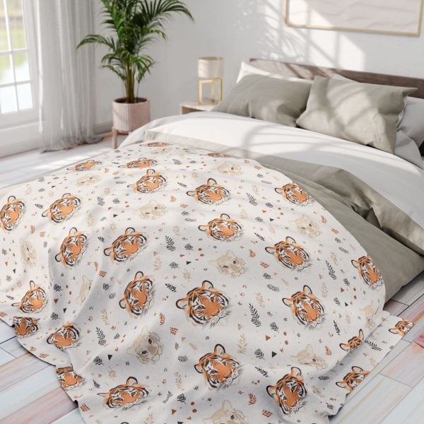 1190353206019732674_2048.jpeg Tiger Motif Fleece Blanket with Indian Geometric Patterns - Soft Orange, Cream, Blush Palette - Elegant and Subtle Design